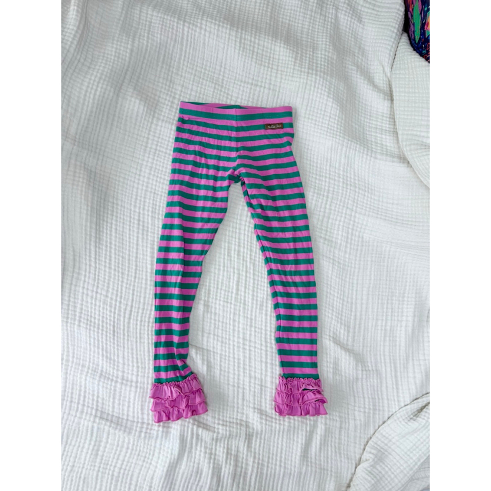 Girls Matilda Jane Leggings Size 8 Pink Green Striped Ruffle Cotton blend